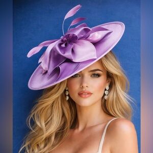 Elegant Purple Women's Hat Bow Feather Details KY Derby Tea Church Formal